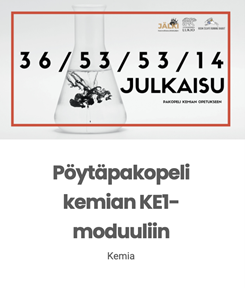 Kuva erlenmeyer-pullosta ja teksti 36/53/53/14 Julkaisu. Pöytäpakopeli kemian KE1-moduuliin